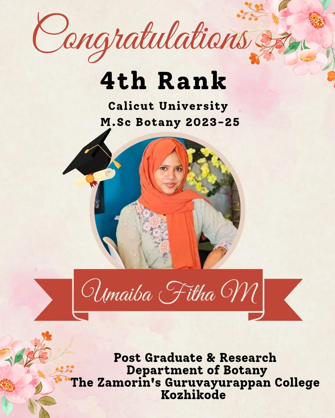 Umaiba Fitha M MSc Botany 4th Rank
